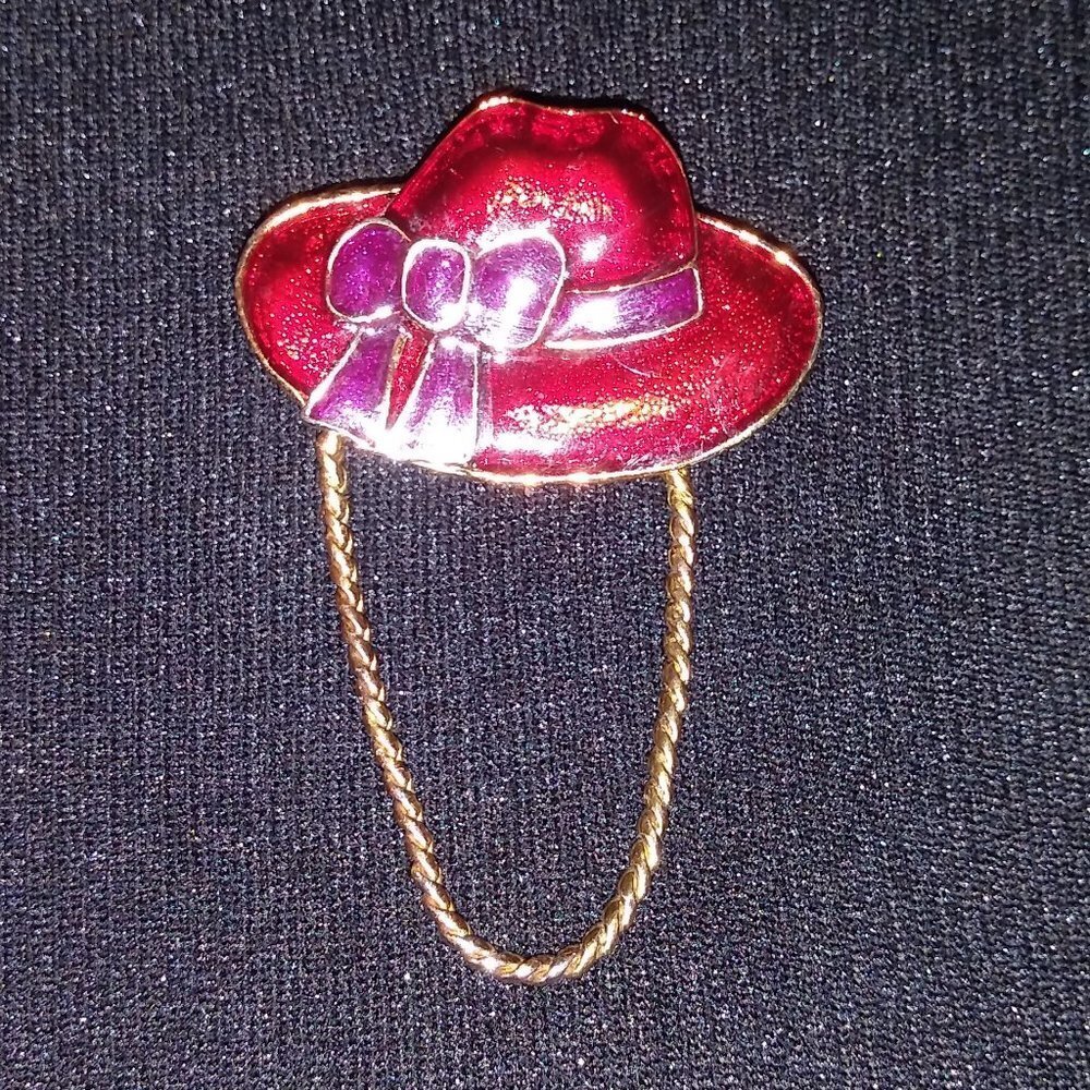 Red hat enamel pin brooch chained Red Hat society red gold purple beautiful